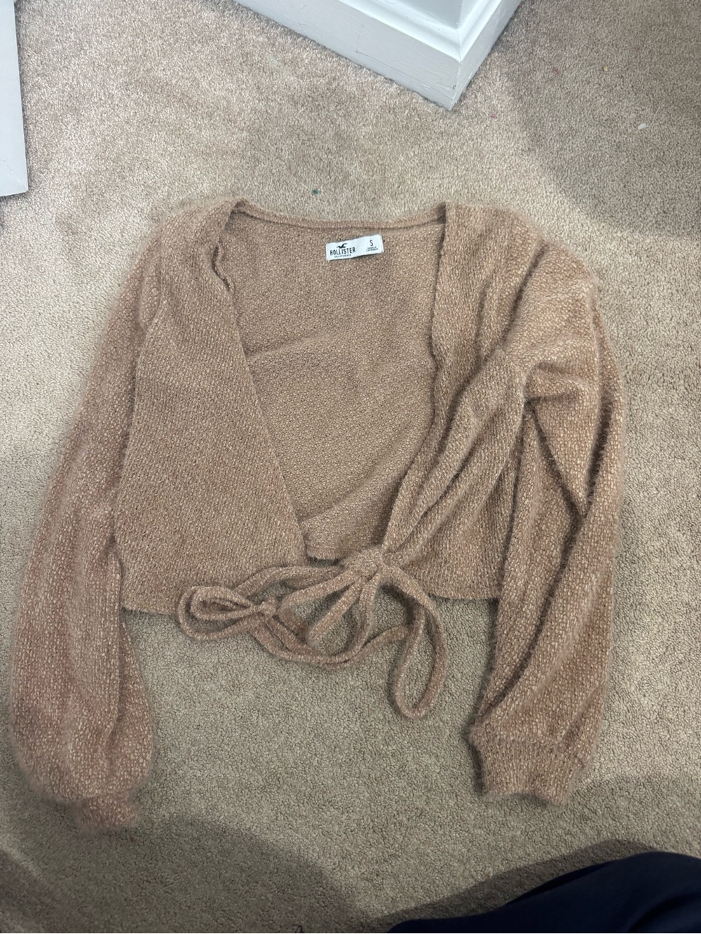 Hollister Cropped Tie-Front Cardigan in Camel Brown